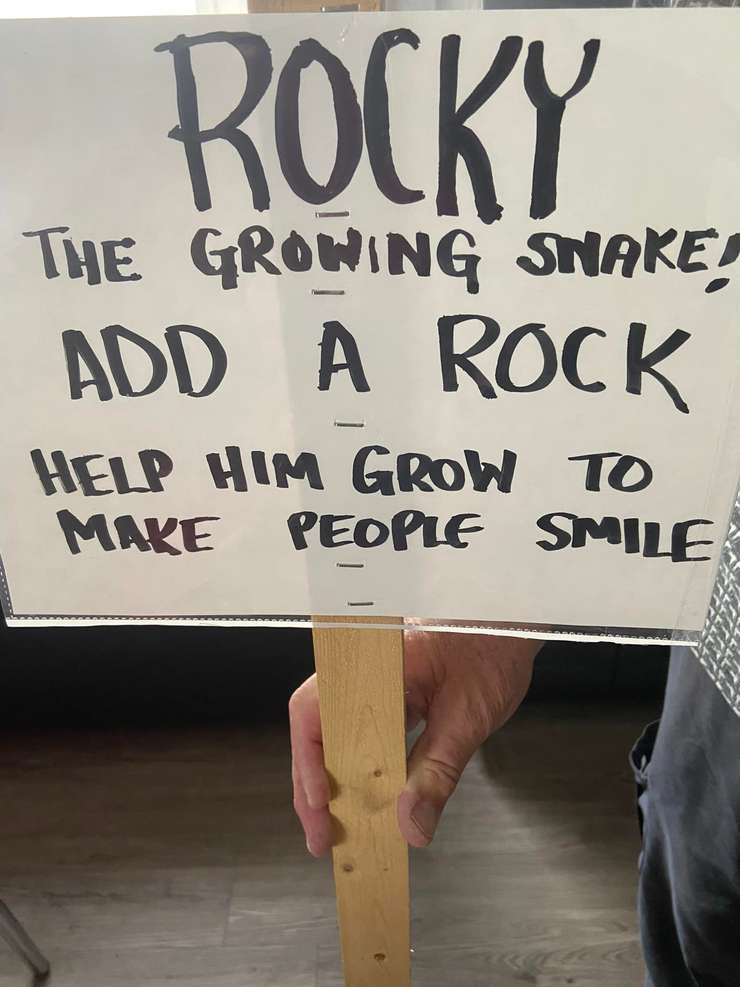 A sign for Rocky the rock snake along the St. Clair River waterfront in Point Edward. June 2023. Submitted photo.
