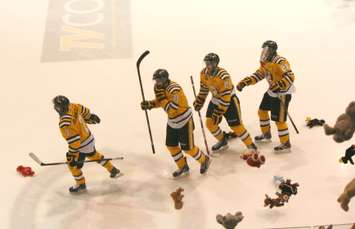 Stuffed toys come raining down as Anthony DeAngelo and the Sting celebrate Dec 7, 2014 (BlackburnNews.com photo by Dave Dentinger)