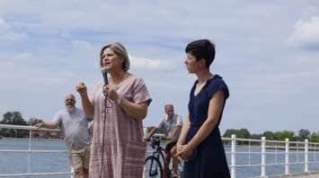 Ontario NDP Leader Andrea Horwath speaks to a Sarnia-Lambton crowd next to the St. Clair River with local candidate Kathy Alexander by her side. May 30, 2018. (Photo by Colin Gowdy, BlackburnNews)