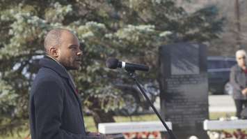 Adam Kilner speaks during Aamjiwnaang First Nation's annual Remembrance Day ceremony. 10 November 2022. (Photo by SarniaNewsToday.ca)