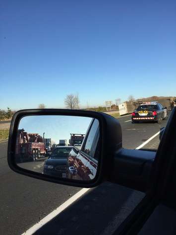 Chatham-Kent OPP investigate an accident blocking the eastbound lanes of Hwy 401, November 3, 2015. (Photo courtesy Ryan Snobelen/Twitter)