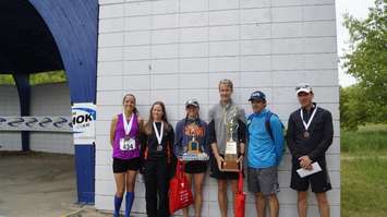 The top three male and female finishers in the 10K race. June 3, 2018. (Photo by Colin Gowdy, BlackburnNews)