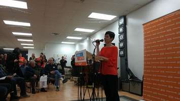 NDP candidate Kathy Alexander speaks to a crowd in Sarnia during a nomination meeting. April 17, 2018. (Photo by Colin Gowdy)