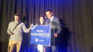 Lambton-Kent-Middlesex PC incumbent Monte McNaughton makes victory speech following re-election. June 7, 2018 (Photo by Garrett Lajoie)