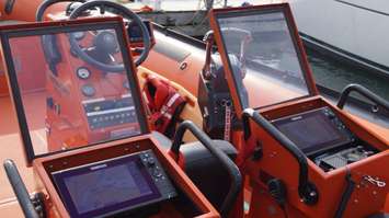 New electronic equipment on PointSAR's Zodiac rescue boat. June 21, 2018. (Photo by Colin Gowdy, BlackburnNews)