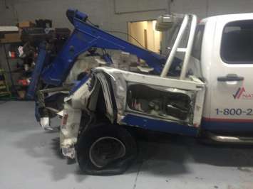 The scene after a tow truck was hit by transport truck on the Hwy. 401 near Kent Bridge Road. December 14, 2016. (Photo courtesy of Noorahmed Popal via Facebook)