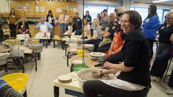 Lambton College Ceramics Professor Beth Turnbull Morrish alongside Sarnia-Lambton celebrities at the Celebrity Bowl-A-Thon ahead of Lambton College's Empty Bowls fundraiser. 12 February 2020. (BlackburnNews.com photo by Colin Gowdy)
