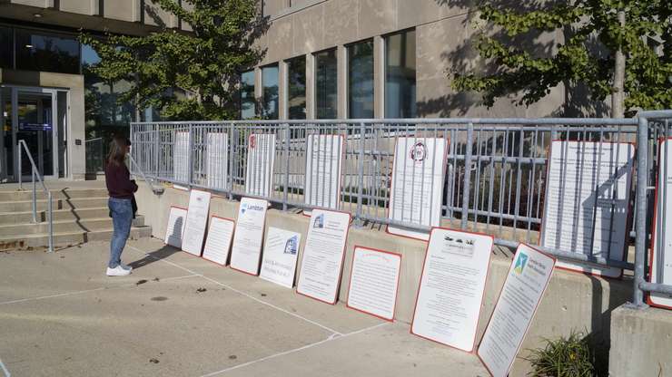 Information boards set up outside of Sarnia City Hall. October 18, 2024. (Photo by Natalia Vega)