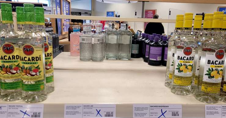 American alcohol is marked with an X for removal from LCBO stores in Ontario in retaliation to U.S. imposed tariffs. February 3, 2025 Blackburn Media photo by Stephanie Chaves.