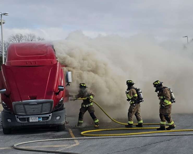 A transport truck fire is extinguished at the Blue Water Bridge - Feb. 4/25 (Photo courtesy of Point Edward Fire and Rescue via Facebook)