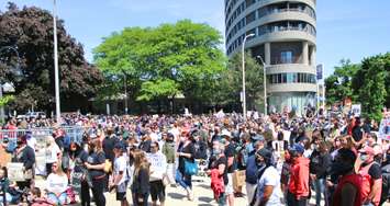 Hundreds gather in Sarnia's downtown for  Black Lives Matter rally June 13, 2020 (BlackburnNews.com photo by Dave Dentinger)
