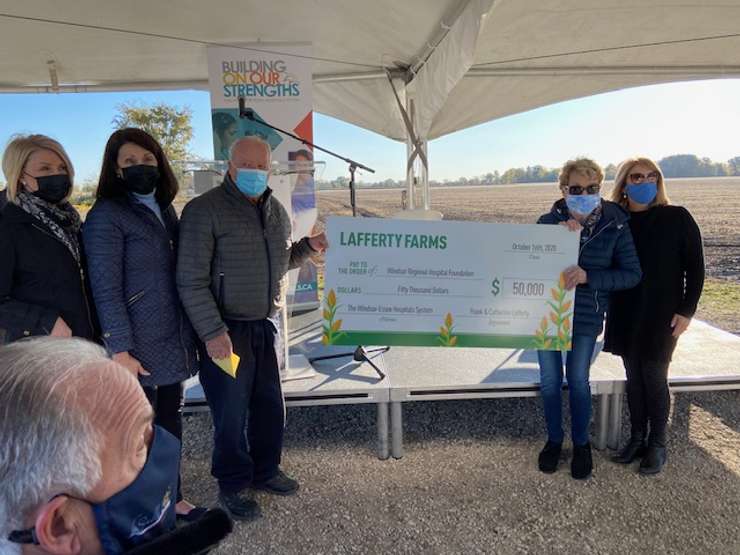 Members of the Lafferty family present a cheque to the Windsor Regional Hospital foundation during a media event on October 16, 2020. Photo submitted by Windsor Regional Hospital.