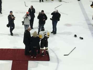 Siskins captain Alex Cimino skates to centre ice to claim the 2019 Cherrey Cup. April 7th, 2019 (Photo by Ryan Drury)