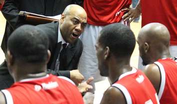Windsor Express Head Coach Bill Jones in the huddle during game seven of the NBL Canada finals game seven. April 17, 2014. (photo by Mike Vlasveld)