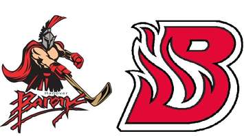 Left: The Hanover Barons new logo to appear on front of jerseys in 2014-2015 
Right: A flaming 'B' will appear on shoulders of the Baron's jersey (From Hanover Barons)