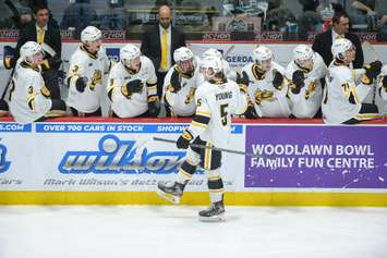 The Sarnia Sting taking on the Guelph Storm in Game 3 of the opening round playoff series. 4 April 2023. (Metcalfe Photography)