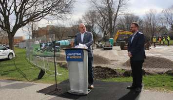 Windsor Mayor Drew Dilkens and Councillor Mark McKenzie discuss plans for parks improvements in the City of Windsor, April 6, 2023. (Photo by Maureen Revait) 