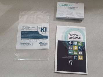 A potassium iodide, or KI, kit is displayed at the Windsor-Essex County Health Unit on April 26, 2018. Photo by Mark Brown/Blackburn News.