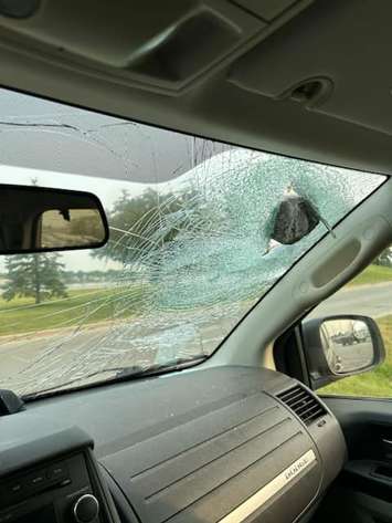 A van's windshield after a being hit by a   rock. 5 June 2023. (Submitted Photo)