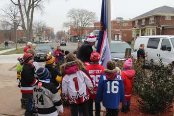 Flag raising ceremony for Rogers Hometown Hockey at the Chatham-Kent Civic Centre on December 12, 2018. Photo by Allanah Wills)