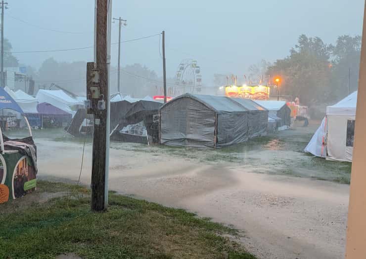 Storm damage is seen at the Harrow Fair in Essex, September 3, 2026. Photo by Isabella Milner.