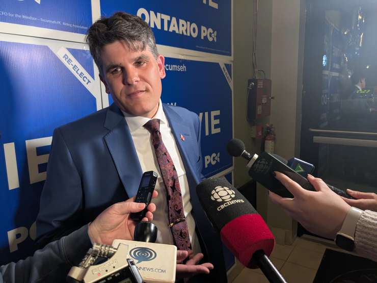 Windsor-Tecumseh MPP Andrew Dowie speaks to reporters after declaring victory in Tecumseh, February 27, 2025. Photo by Mark Brown/WindsorNewsToday.ca.