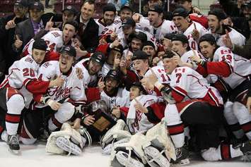 The Leamington Flyers celebrating their Western Conference Championship win, April 4 2014. (photo by Mike Vlasveld)
