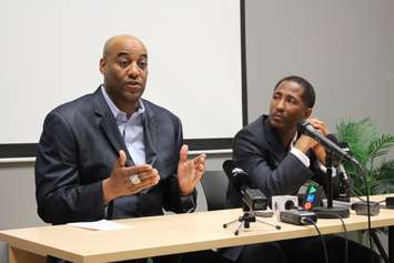 Windsor Express Head Coach Bill Jones (left) and Owner Dartis Willis speak with media at Windsor's Downtown Business Accelerator, May 8, 2015. (Photo by Mike Vlasveld) 