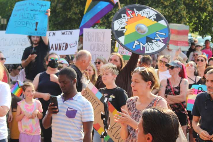 Protestors and counter-protestors outside the Greater Essex County District School Board, June 20, 2023. Photo by Mark Brown/WindsorNewsToday.ca.