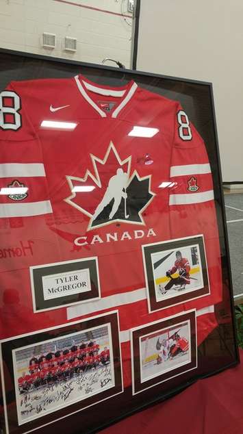 Tyler McGregor's jersey on display at a ceremony at North Lambton Secondary School. April 3, 2018. (Photo by Colin Gowdy, Blackburn News)