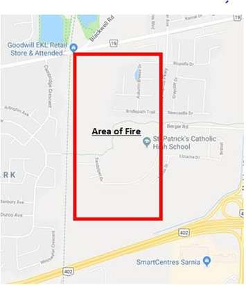 A map of a grass fire near Michigan Ave. and Blackwell Rd. - May 9/18 (Photo Courtesy of Sarnia Police)
