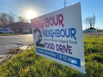 A sign for the Neighbour2Neighbour food drive in Lambton County. November 2020. (Photo from the food drive's Facebook page)
