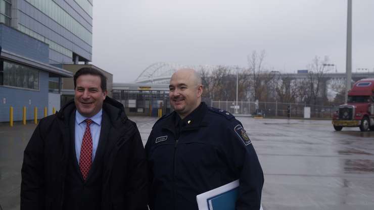 Public Safety Minister Marco Mendicino and CBSA Acting Director Rob Wilson in front of the Blue Water Bridge. January 17, 2023. (Photo by Natalia Vega)