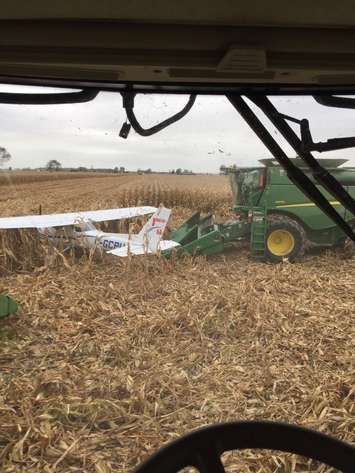 Combines clear the cornfield where the plane landed in Sarnia. October 30, 2017 (Submitted photo.)