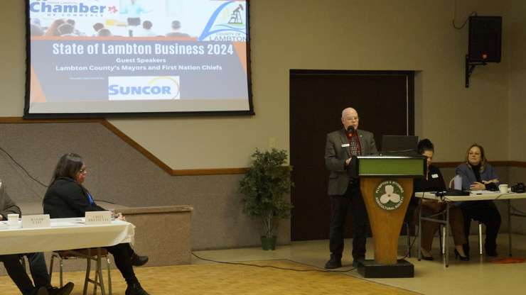 Lambton Shores Mayor Doug Cook speaks at the 2024 State of Lambton Business Breakfast. March 19, 2024. Blackburn Media photo by Melanie Irwin.