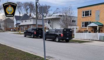 Heavy police presence in the area of Queen Street and Devine Street. February 21, 2024. (Photo courtesy of the Sarnia Police Service)