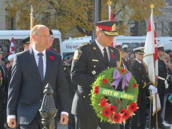Mayor Matt Brown and London Police Chief John Pare prepare to lay a wreath at the Cenotaph. Photo by Miranda Chant, BlackburnNews.com