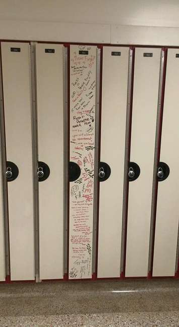 A locker at John McGregor Secondary School in Chatham, with messages of condolences from fellow students, January 21, 2016 (Photo courtesy of Taylor Dillon) 