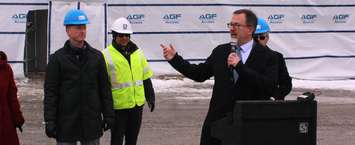 Chatham-Kent Mayor Darrin Canniff address media at the new student residency being built in downtown Chatham. February 14, 2019. (Photo by Greg Higgins)