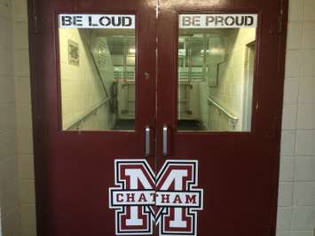 Doors painted with the Chatham Maroons crest lead to the ice Chatham Memorial Arena. Photo taken August 17, 2014. (Photo by Ricardo Veneza)