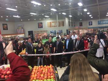 The ribbon is cut on March 22, 2018 at the new Foodland in Owen Sound. Pictured are left to right:
Ian boddy (Mayor, Owen Sound), Patrick Graham( (son), Ivy Graham (daughter), Liz Graham and Bill Graham (owners), 
Shawn Showers , Al Barfoot (Georgian bluffs). (Photo by Logan Strauss)
