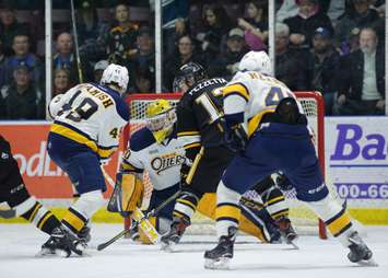 Michael Pezzetta looks for a rebound in front of the Otters goal. February 24, 2018. (Photo courtesy of Metcalfe photography)