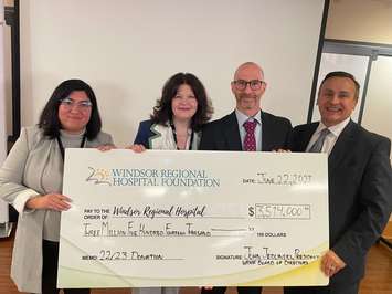 A cheque for $3,514,000 is displayed at the Windsor Regional Hospital Annual General Meeting on June 22, 2023. Submitted photo.