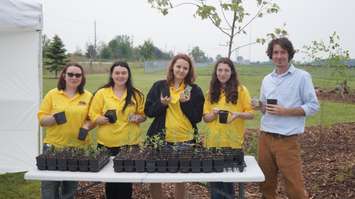 Return the Landscape Coordinator Shawn McKnight and Alexander Mackenzie high school students help hand out milkweed plants that support habitats for Monarch butterfly breeding. June 12, 2015 (BlackburnNews.com Photo by Briana Carnegie)