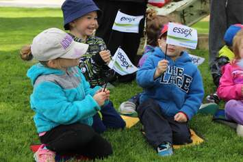 Groups of children at Essex Town Hall for the unveiling of the town's new flag, May 13, 2015. (Photo by Mike Vlasveld)