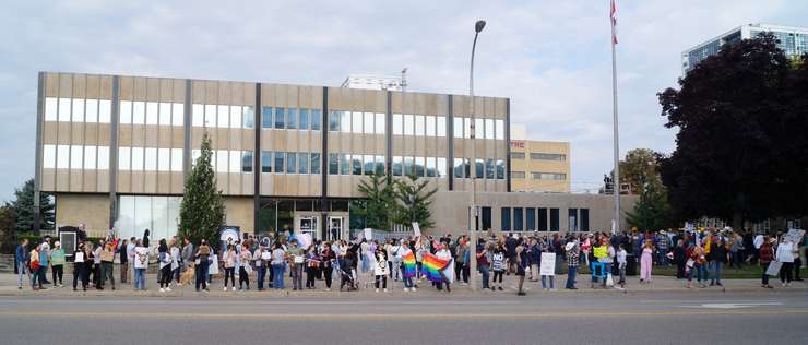 Protestors and counter protestors at the '1 Million March for Children' protest outside Sarnia City Hall. 20 September 2023. (Photo by SarniaNewsToday.ca)