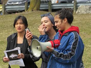 Sara Ahmad, Grade 12 student at  A. B. Lucas secondary school speaks during a student walk out, April 4, 2019. (Photo by Miranda Chant, Blackburn News)