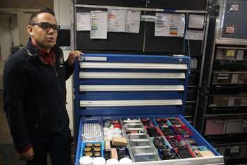 Cirque du Soleil publicist Maxwell Batista shows reporters one of the giant makeup cases used by performers in the production of 'Corteo', at the WFCU Centre in Windsor, May 15, 2019. Photo by Mark Brown/Blackburn News.