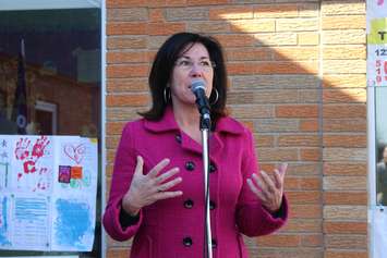 MP Cheryl Hardcastle attends a rally at ABC day Nursery in Windsor to voice opposition to proposed provincial child care regulations, March 17, 2016. (Photo by Maureen Revait) 