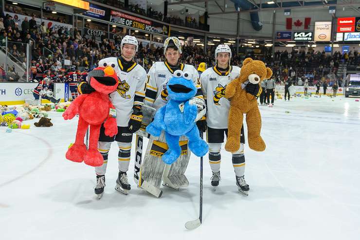 Sarnia Sting host Saginaw in annual Teddy Bear Toss game Sunday, Dec 1, 2024. Photo by Metcalfe Photography. 